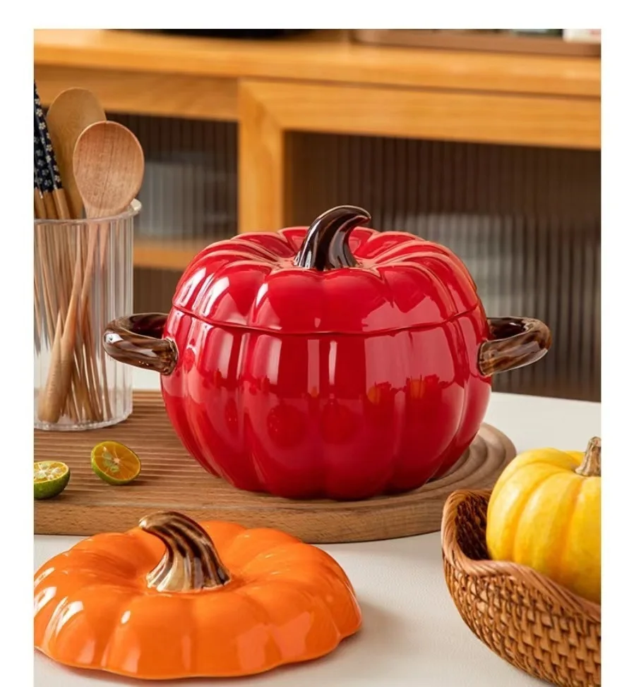 Description Picture 3 of itemPumpkin soup bowl with lid and double handles large ceramic household soup large soup bowl anti-scal