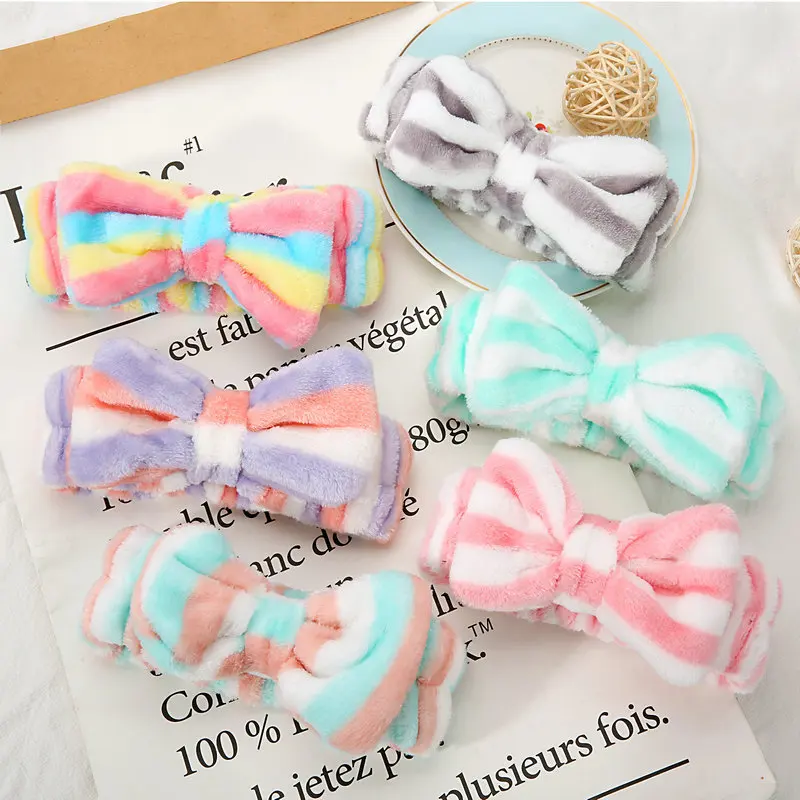 

New Korean Rainbow Stripe Plush Bowknot HairBand Headwear