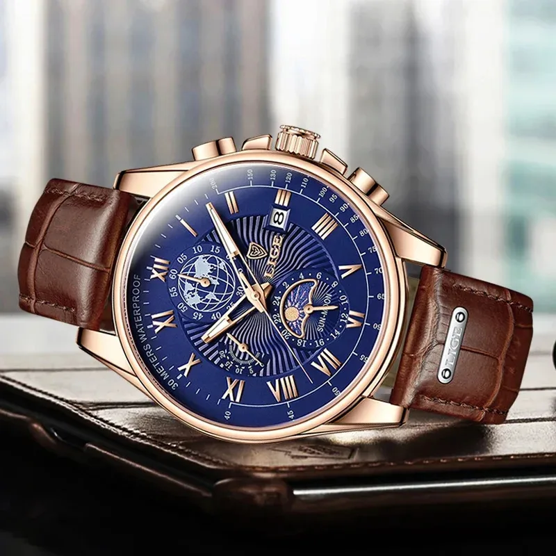 

LIGE New Fashion Men's Watches Top Brand Luxury Original Waterproof Quartz Watch for Man 24 Hour Moon Phase Day Night Big Clocks