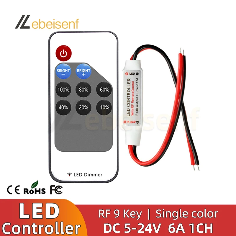 Mini LED Single Color dimmer DC 5V 12V 24V 6A 5050 2835 Strip Lights  Constant Voltage PWM Signal Controller with RF 9-Key Remote
