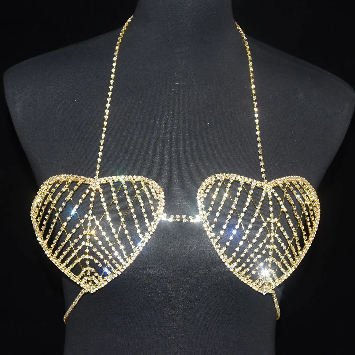 Sexy Sparkling Rhinestone Bra Heart Shaped Body Chain Heart Chest Jewelry  Hollow Out Gold Crystal Chain Necklace Bikini Bra Gift