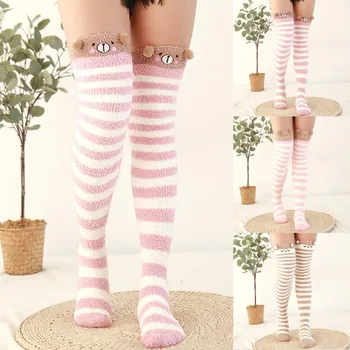 푹신한 무릎 위 만화 허벅지 높이 양말, 겨울 양말, 여성용 따뜻한 하이 레깅스, 따뜻한 작은 스타킹, 크리스마스 벌크