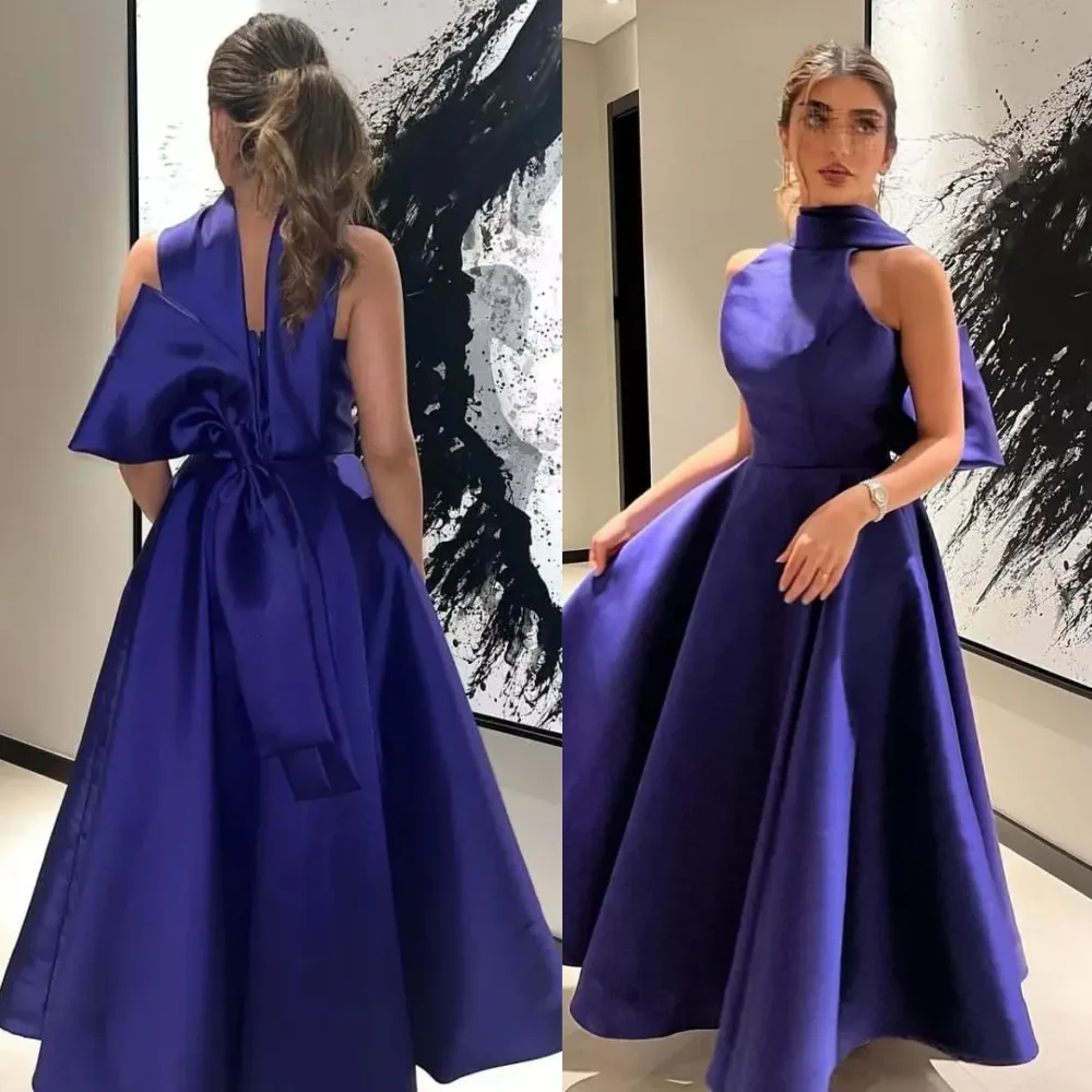 

Elegant Halter A-line Evening Dresses Bows Open back Draped Taffeta Anke length Prom Exquisite vestidos de noche فساتين