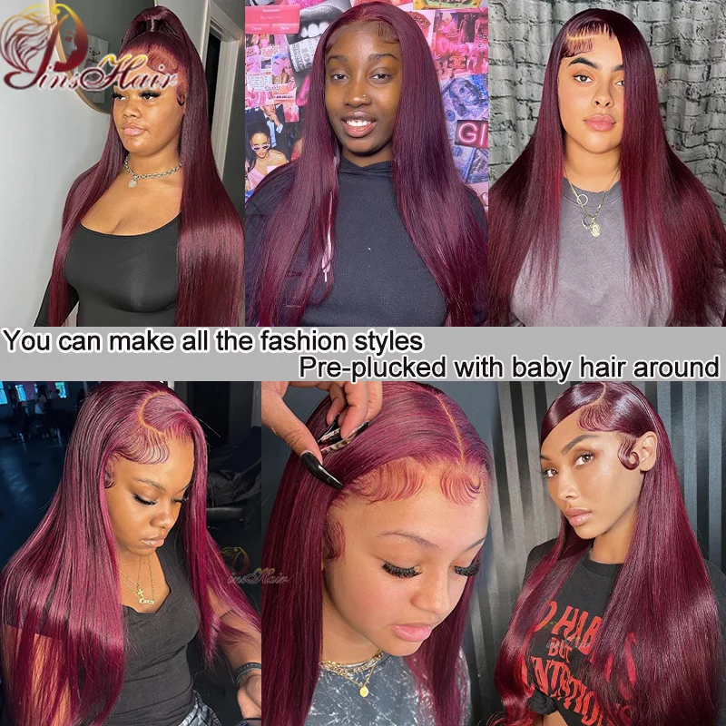 Peruvian Straight Wig Burgundy Red Lace Front Wig 99J Colored 13×4 Lace Frontal Wigs Human Hair 180 Density Transparent Lace Wig