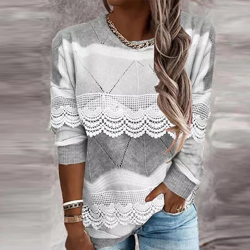 

2023 Autumn Winter Contract Color Pullovers Jumpers New Lace Patchwork Sweater Fashion Round Neck Long Sleeve Women Sweaters