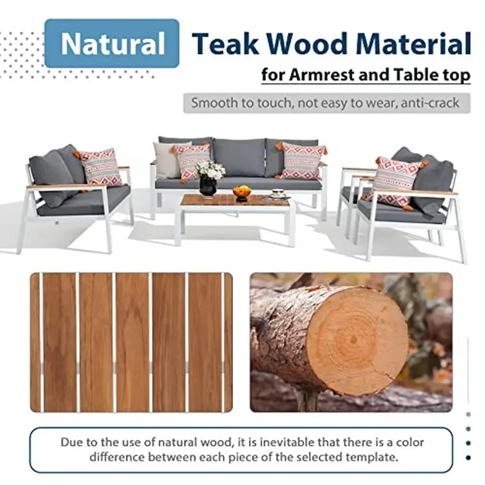 Outdoor 5-Piece Aluminum Conversation Set with Teak Table & Cushion Patio Furniture Sectional Garden Poolside and Backyard 2