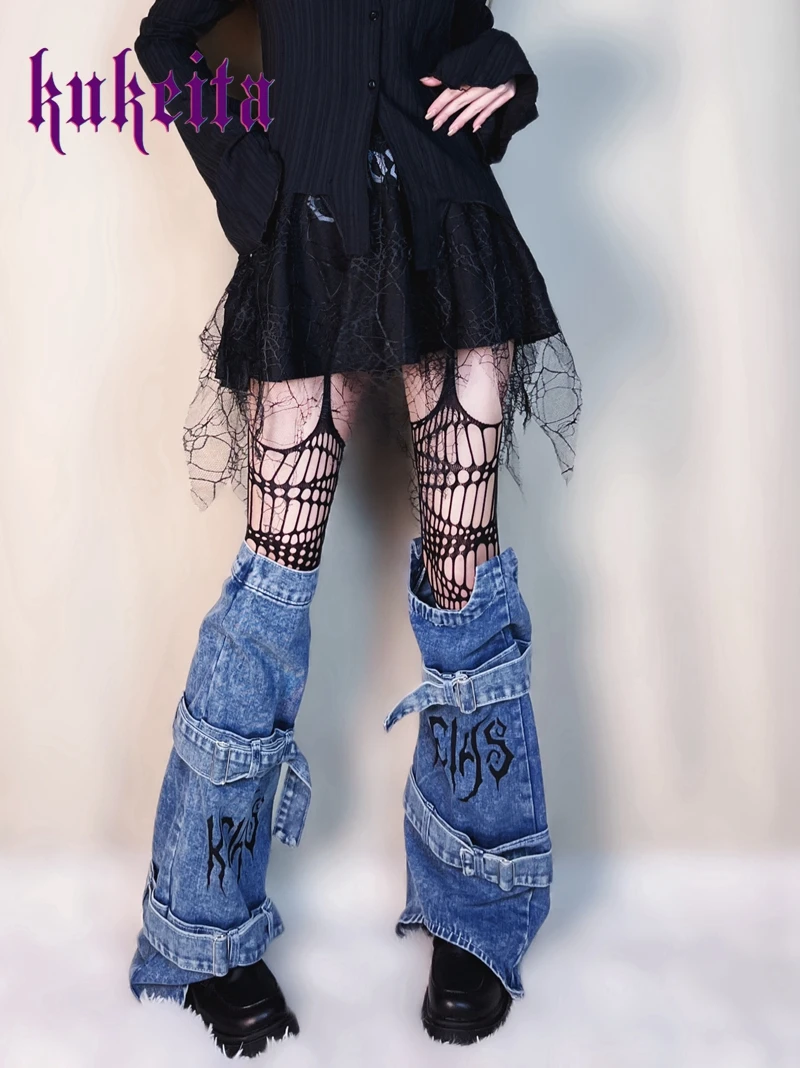 

Kukeita Women's Y2K Denim Leg Warmers 90s Knee High Harajuku Style Buckle Jean Socks Punk Gothic Stockings Leg Cover Streetwear