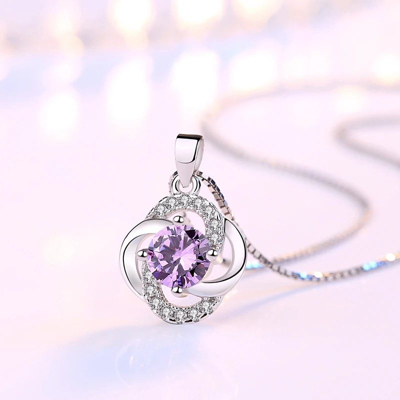 뜨거운 판매 괜 찮 아 요 보라색 꽃 지 르 콘  펜 던 트 Neckalce 여성 보석 기념일 선물 매력 CZ 쇄골 체인