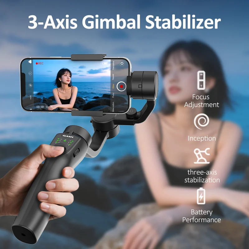 Handheld Gimbal Stabilizer Gimbal Stabilizer Handheld Gimbal QAML F8 2025 3-axis phone gimbal anti-shake wireless remote USB-C charging fits iPhone/Xiaomi/action cams compact black.