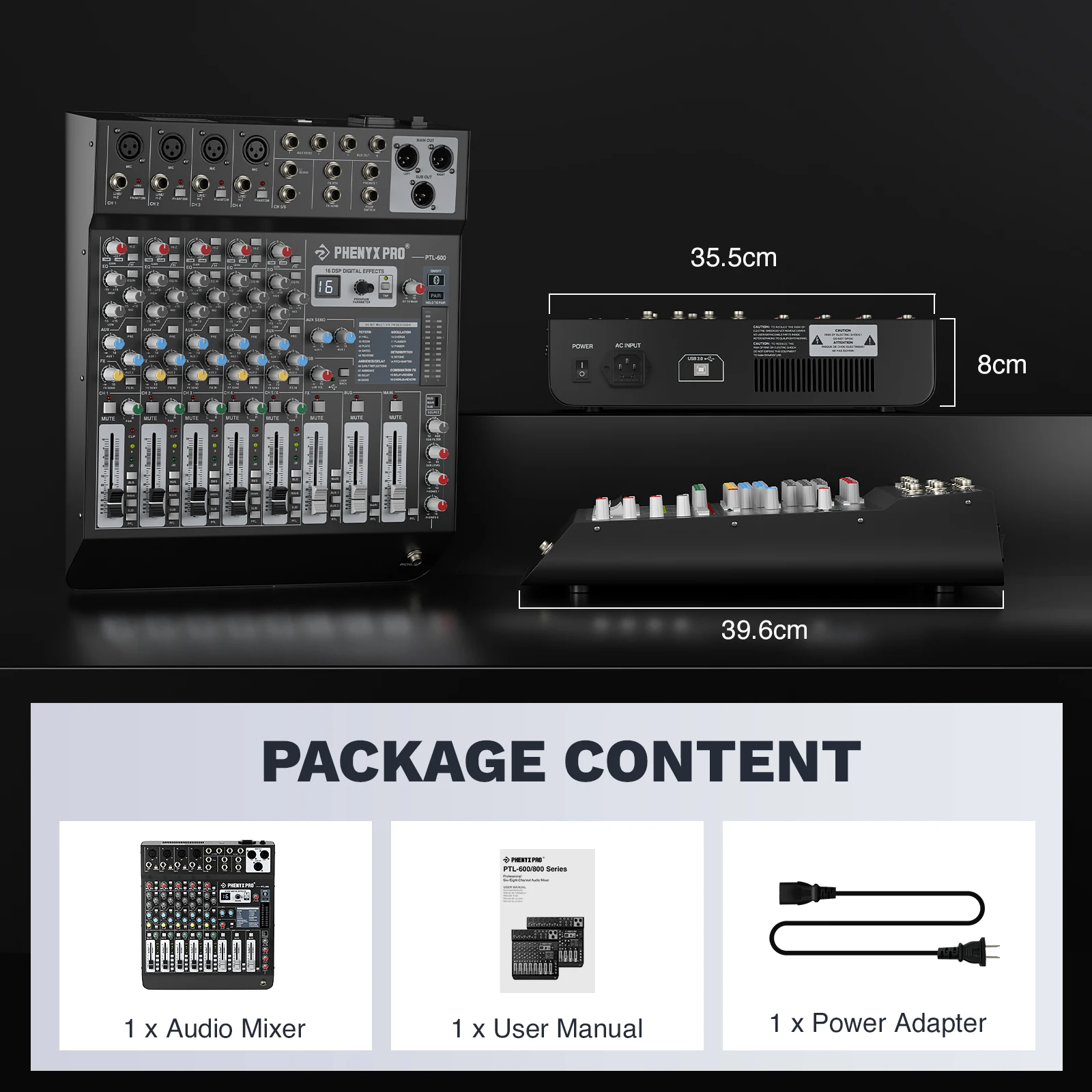 6채널 오디오 믹서, 유연한 AUX, BUS, SUB 라우팅, 16개의 DSP, BT 스트리밍 및 USB-B PC 녹음 기능(스테이지용 Phenyx Pro PTL-600)