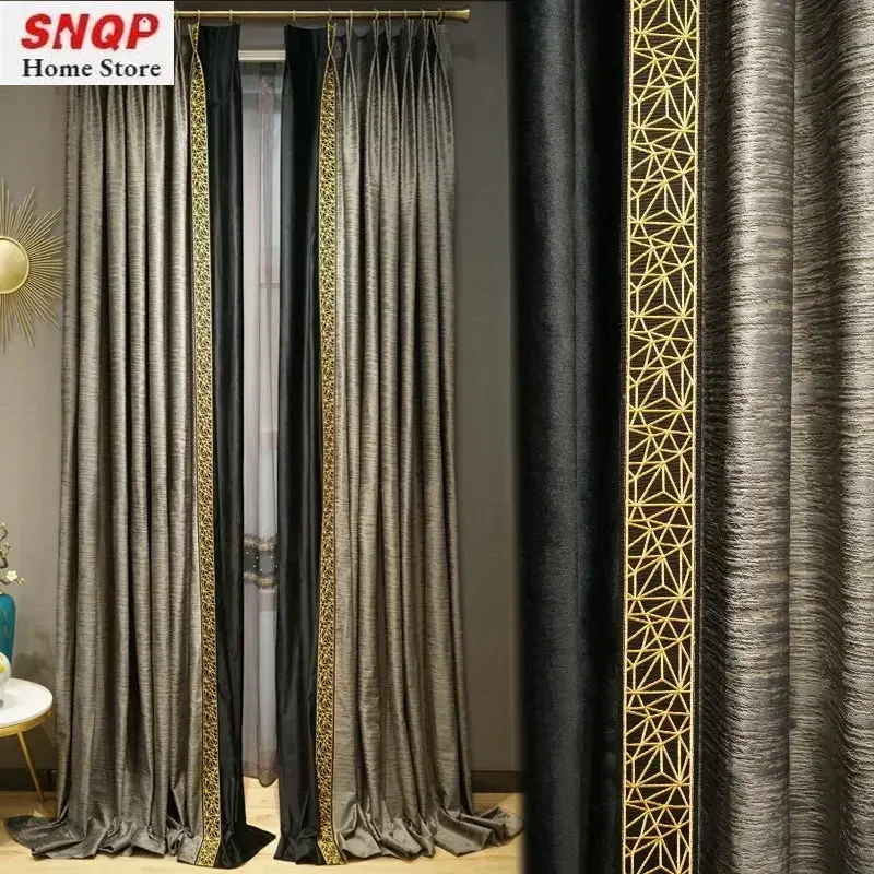 European Luxury Velvet Curtains For Living Room Dining Bedroom Blackout Tulle Grey Vintage Golden Lace Stitching Custom Elegant