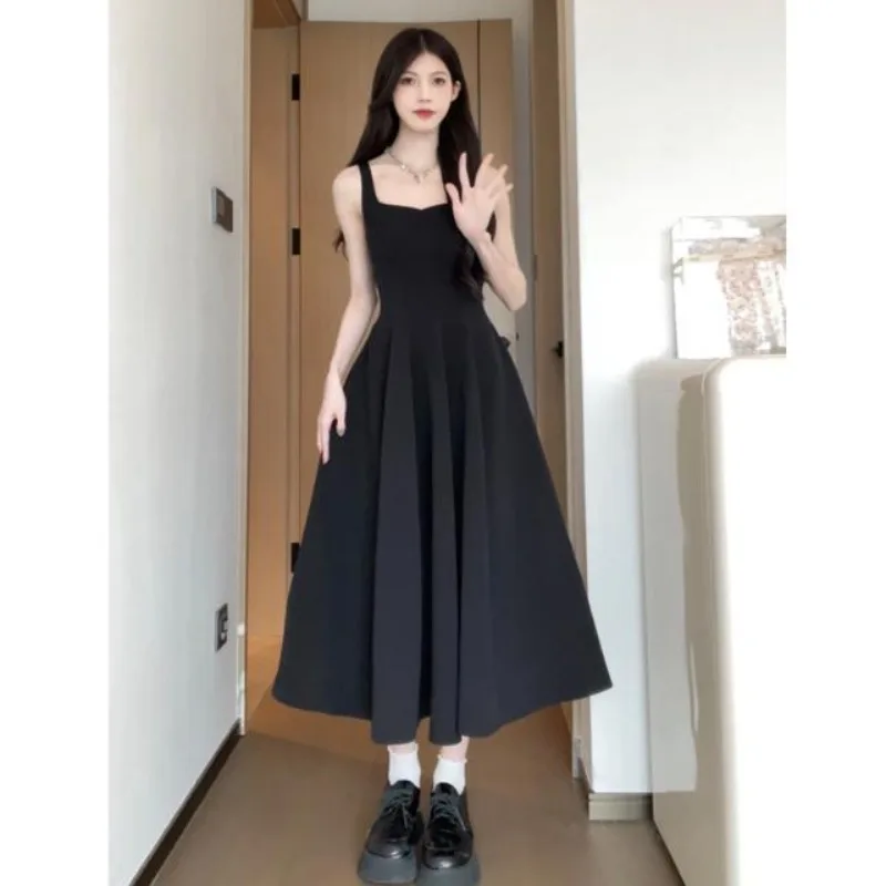 

Новинка лета 2024, однотонное мини-платье, простая юбка на бретелях, черная юбка с квадратным вырезом на бретелях, белое платье, длинные платья для женщин