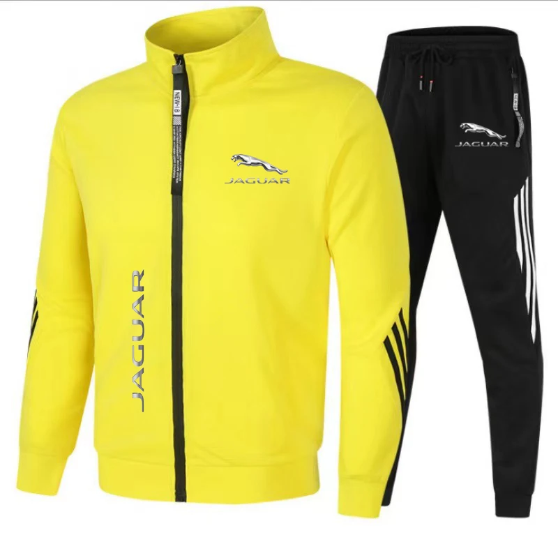 New Men's Football Sportswear Jaguar Printed Cardigan Sweatshirt+Long Pants Casual Fit Running Fitness Men's Sportswear