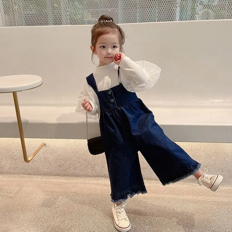 Girls Denim Overalls Autumn Clothing Trousers Girls Fashion Kids Outfit Girls Baby Spring Clothes Wide Leg Pants children overalls pants kids outfits