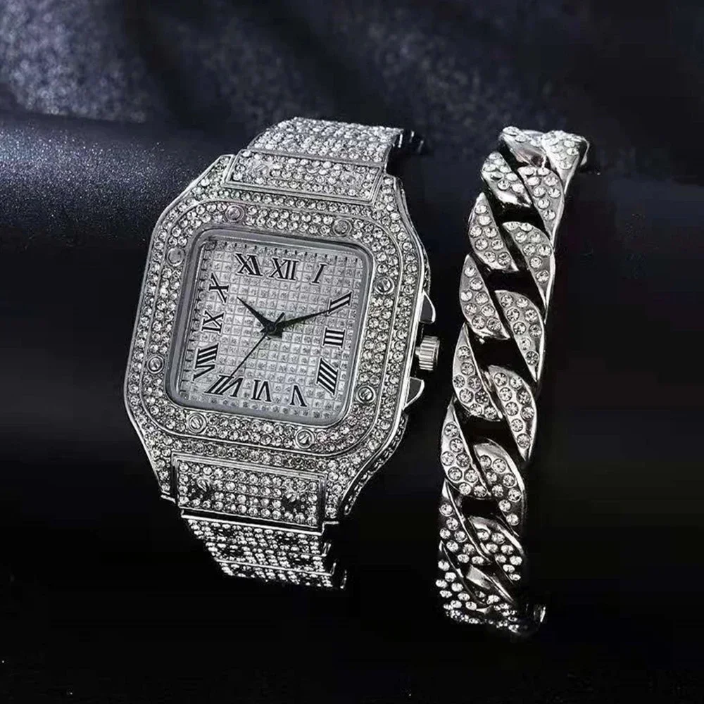 2pcs/set Men's Large Dial Square Rhinestone Watch + Chain Bracelet