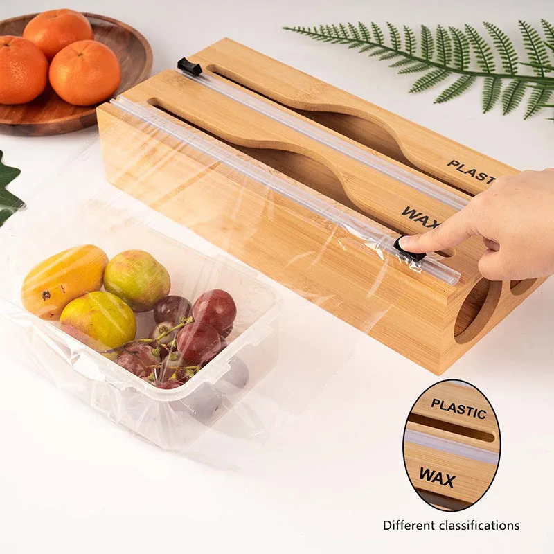 Bamboo Fresh Wrap Cut Box Wall-mounted Aluminum Foil and Plastic Wrap Foil Cutter