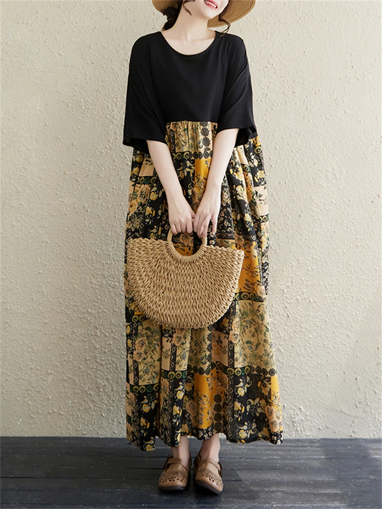 Summer Cotton Vintage Casual Loose Print Women Dresses Short Sleeve Patchwork Dress Femme Vestidos Office Lady Elegant Clothing