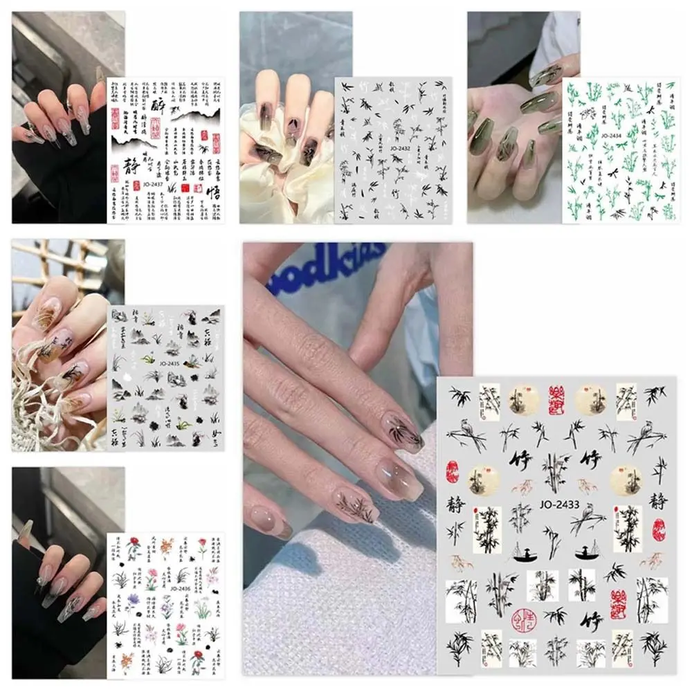 

6Pcs/set Chinese Character Nail Stickers Bamboo Ink Flower Leaf Slider for Nail Decals Manicure Design Accessories