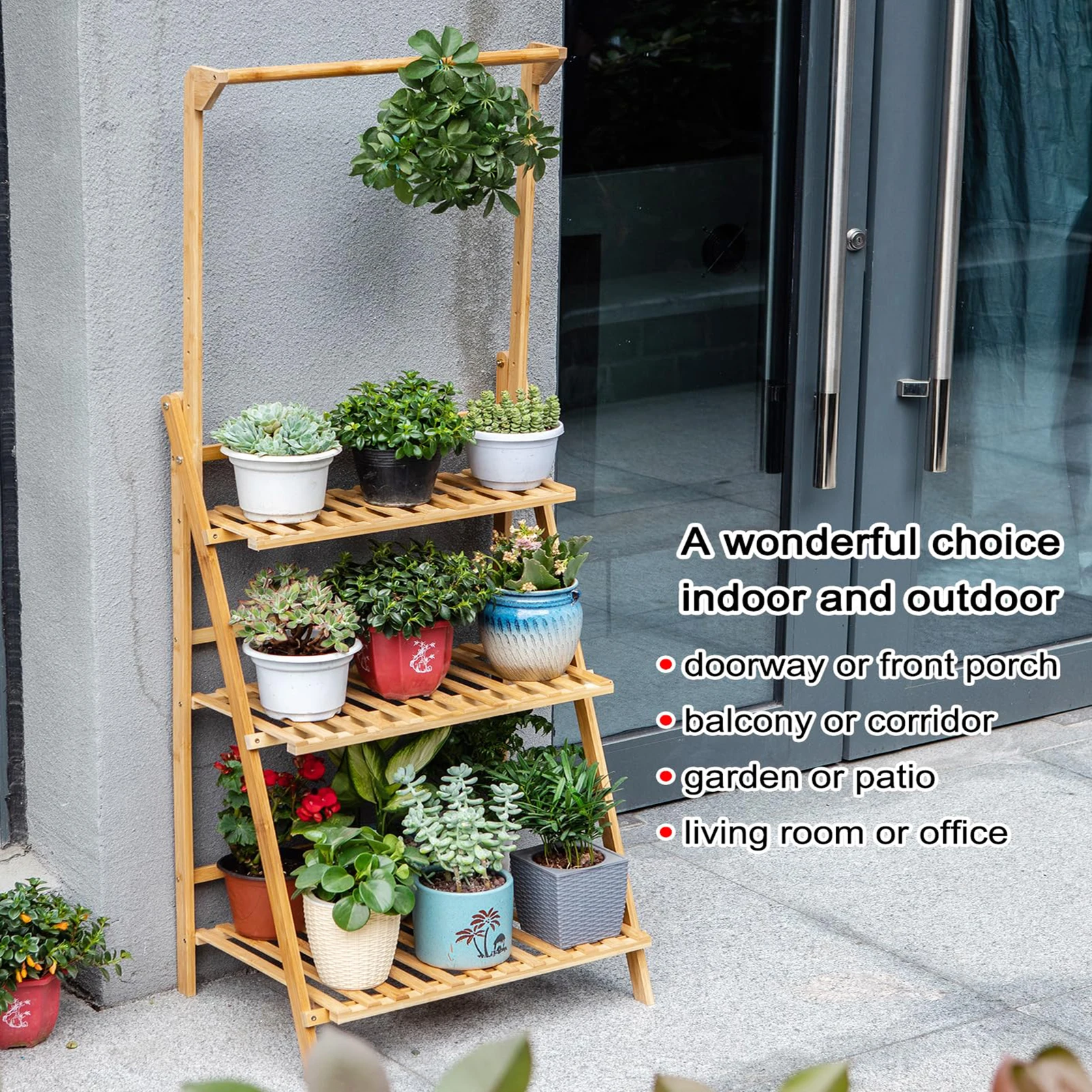 Bamboo 3 tier plant stand rack multiple flower pot holder shelf indoor outdoor planter display shelving unit patio greenhouse