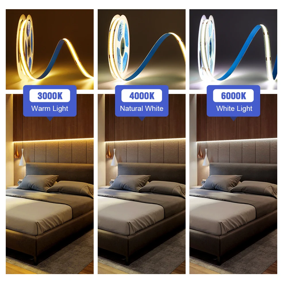 COB LED 스트립 조명, 고밀도 유연한 테이프 리본, 선형 조명, 조도 조절 가능 LED 조명, 320 384, 528 LEDs/m, 3000-6000K, DC 12V