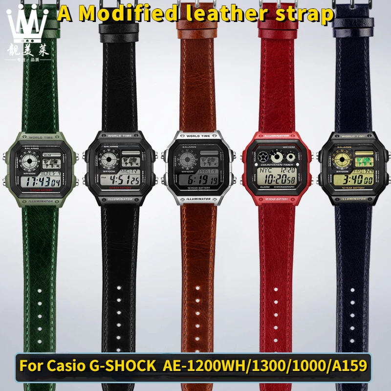 Pulseira Retrô de Couro Genuíno Masculina Pulseira para Casio G-shock Ae1200wh 1300 1000 A159 A158 Aq-s810w Mrw200h 18 mm - Image 2