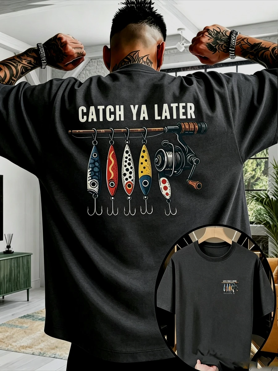 Streetwear CATCH YA LATER Angeln Wortspiel Buchstaben-Design Grafik T-Shirt für Männer und Frauen Übergroßes Casual T-Shirt Geschenk für Angelbegeisterte