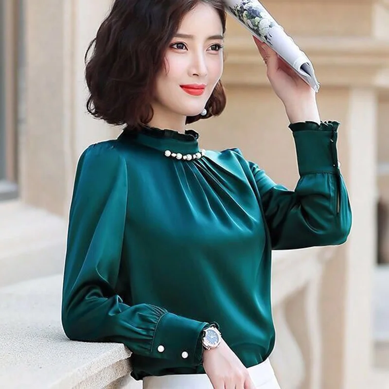 Temperament Chiffon Loose Shirt Tops Spring New Long Sleeve Solid Color Plus Size Pleated Blouse Fashion Office Women Clothing