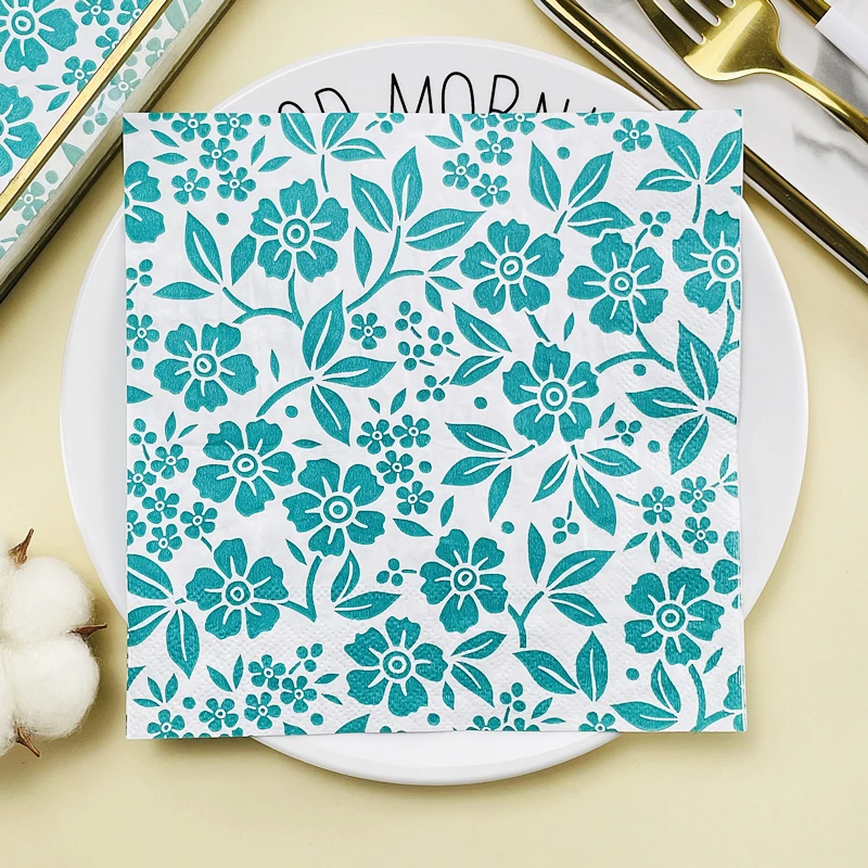 10/20pcs/Pac Printed Napkins Restaurant Desktop Table Setting Paper Placemats Green Fresh Flower Pattern Coloured Paper Napkins