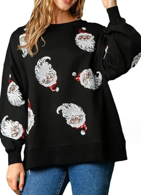 thumbnail image 1 of Suéter navideño de moda con lentejuelas Y2K, estampado gráfico, cuello redondo, informal, cómodo, suelto, de manga larga, para uso diario, 1 of 5