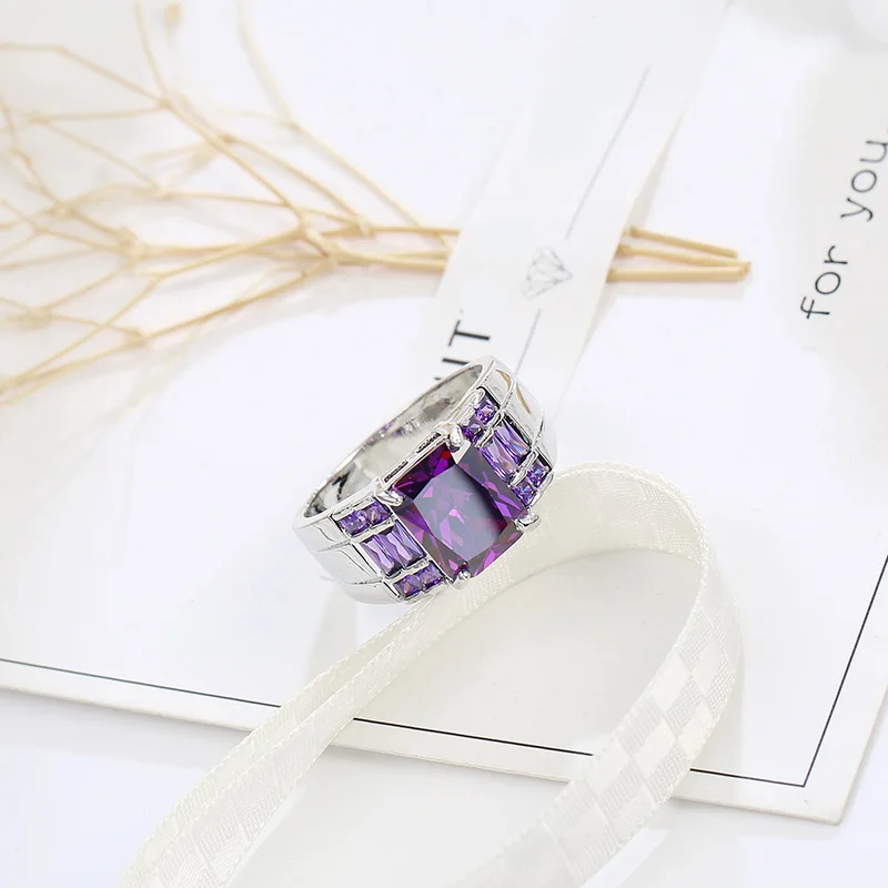 Elegant Purple Zircon and Multicolor Birthstone Sterling Silver Wide Ring