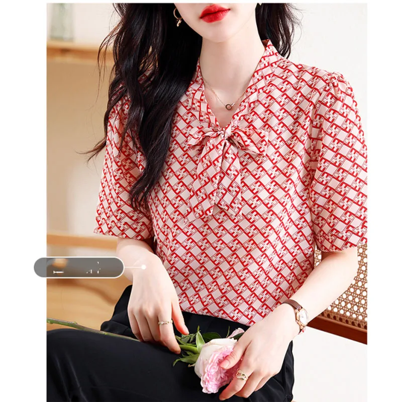 2024 Summer New Women\'s Printed Scarf Collar Bow Pullovers Fashion Elegant Versatile Commuter Slim Half Sleeve Chiffon Tops