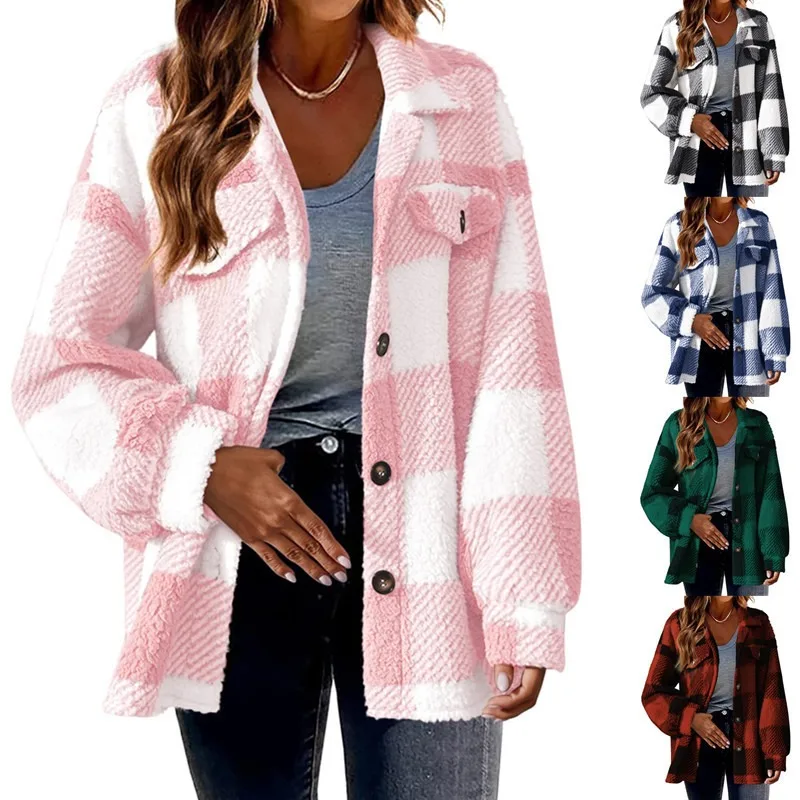 Plaid Fuzzy Fall & Winter Jacket, Casual Button Front Long Sleeve Outerwear, Women's Clothing