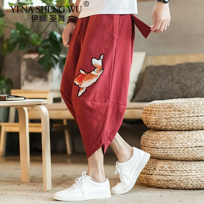 Men's Loose-fit Linen Short Traditional Chinese Style Embroidered Fish Beach Trouser Trendy Wide-leg Harlan Bloomer