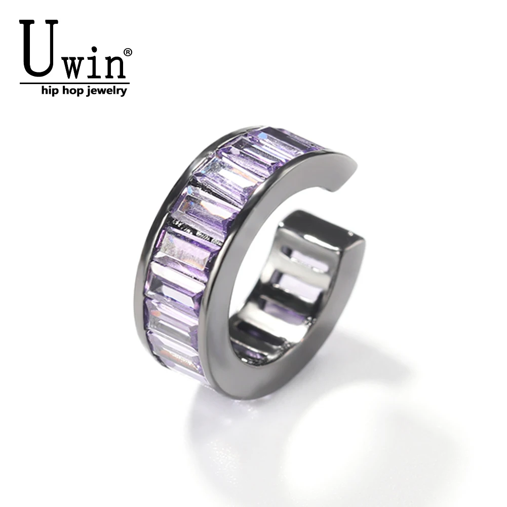 Uwin 5mm Baguette Ear Clip Pink Purple Black Earrings Micro Paved Iced Out Zircon Ear Cuff Jewelry Gift For Women 1pcs