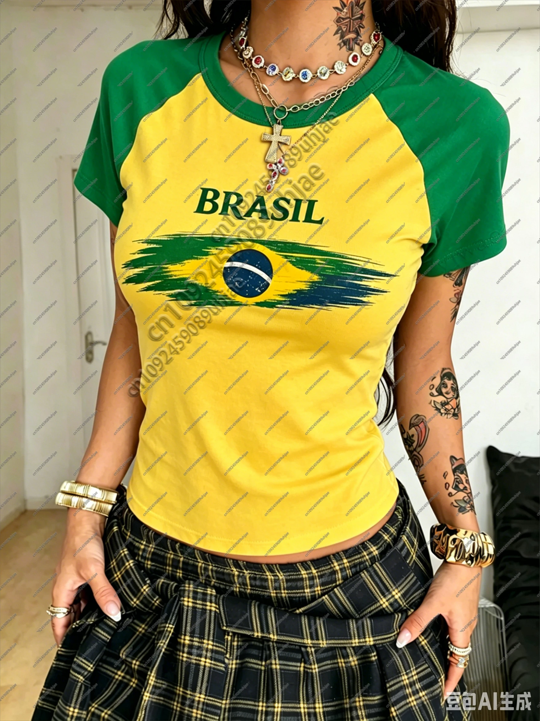 Brasilien-Stil 3D-Druck T-Shirt Sommer Amerikanischer Stil Fußball-Fan Tops Mode Streetwear Y2K Sommer Damen T-Shirt Streetwear