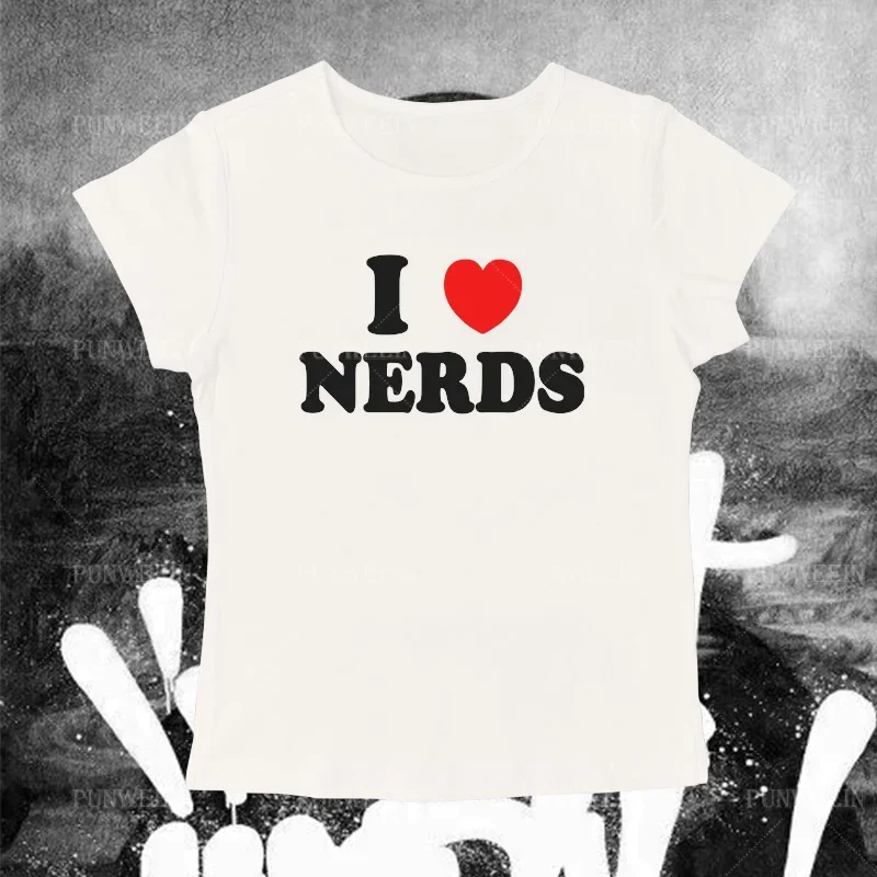 I Love Nerds Letter Goth T-shirt Women Harajuku Short sleeved Tops US Street Sexy Crop Tops Slim Emo Baby Tees Y2K Clothes 3