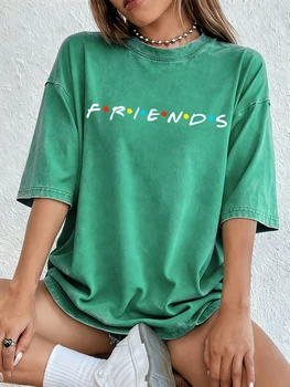 Sitcom Movie Friends Print Washed T-Shirts Women Cotton Oversize T Shirt Summer Soft Short Sleeve Tops Street O-Neck Clothes 1