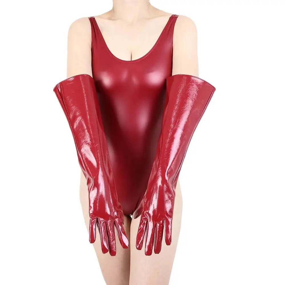 

Long Gloves Unisex Burgundy Red Faux Leather 50cm Wide Balloon Puff Sleeves L Loose Cuffs Fluffy Puffy Arm Men Girls Photography