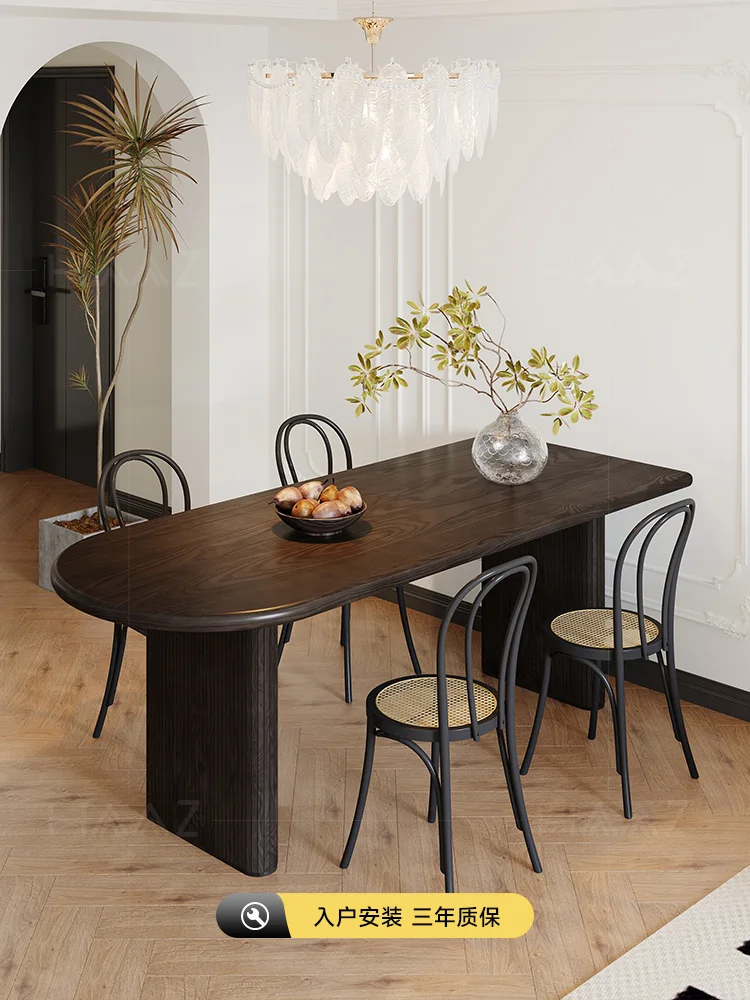 

Solid wood semi-circular dining table French retro black family small unit with wall facing dining table island table