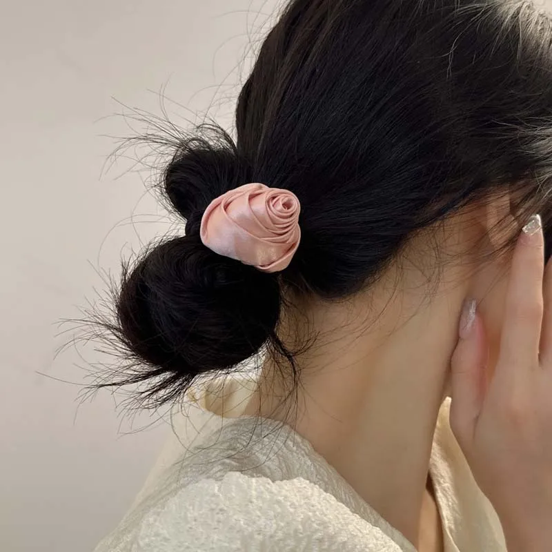Korean Pink Rose Bow Hair Clip for Women Vintage Elegant Solid