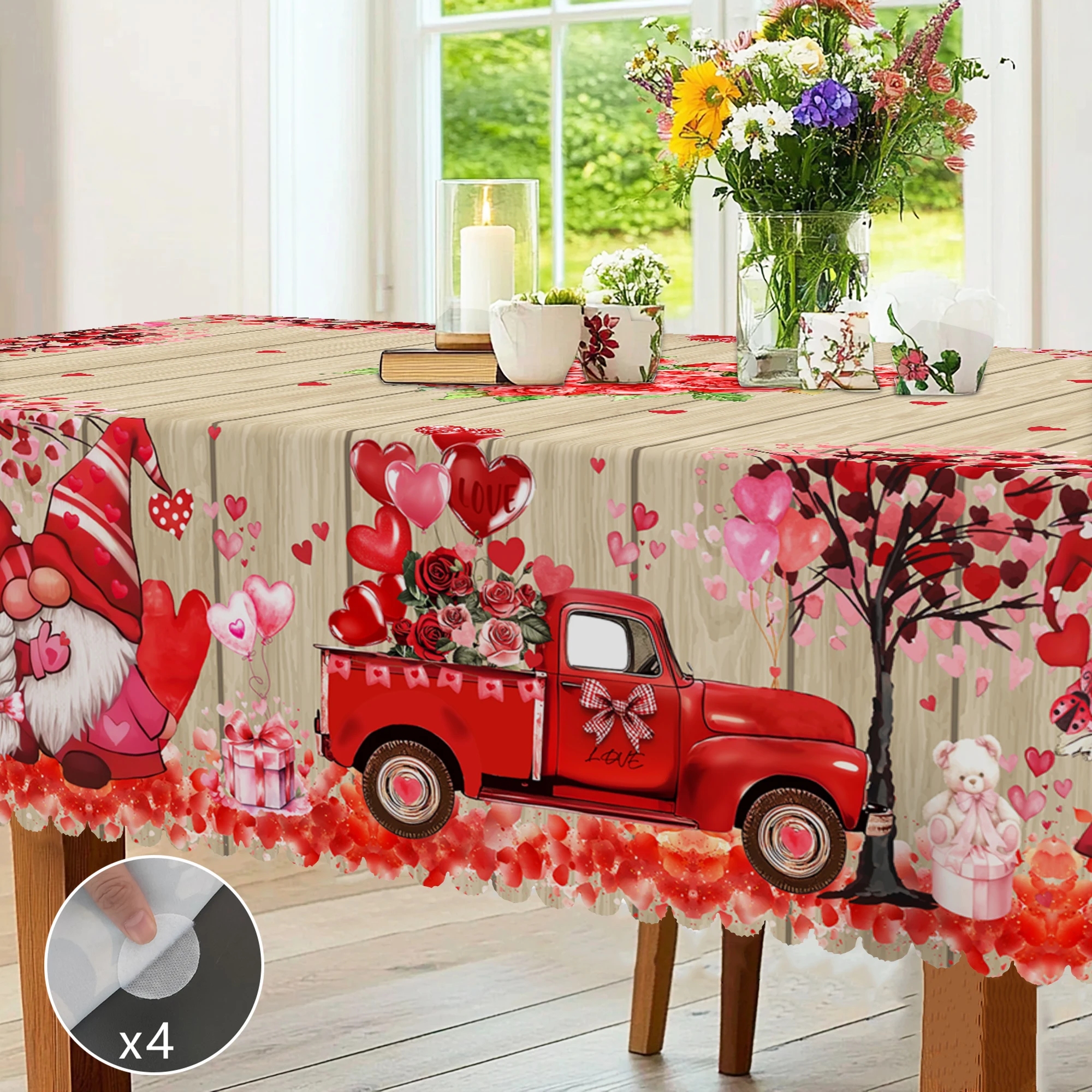 1 Piece Valentine's Day Round Tablecloth, 5 Sizes Available, Love Dwarf Wood Panel Pattern Tablecloth, Matching 4 Tablecloth Stickers, Edge Embossing Process, Valentine's Day Decoration, Spring Garden Tablecloth Decoration, for Daily Home Kitchen, Terrace, Gift