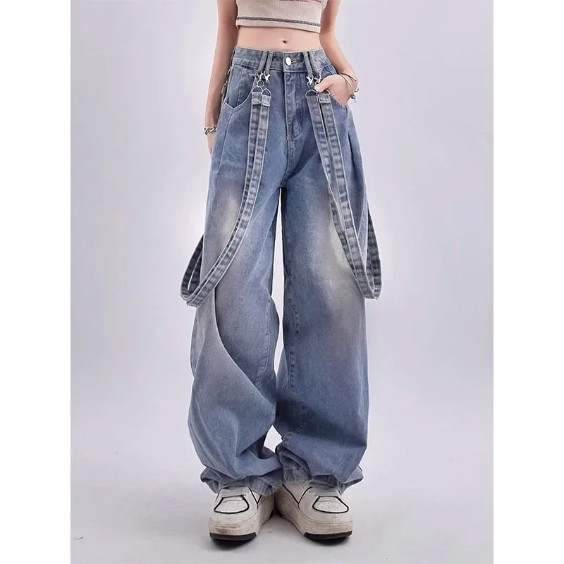 Vintage Denim Detachable Strap Jeans Summer Old Washed Loose High Waist Wide Leg Trousers Fashion Blue Casual Straight Leg Pants