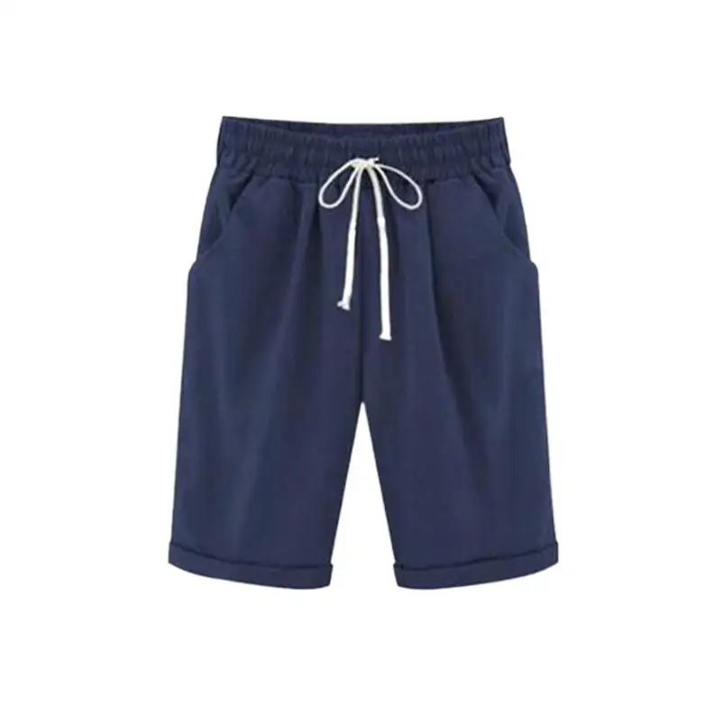 Pantalones informales de lino para mujer, pantalón hasta la rodilla, color negro, azul cielo, verde, talla grande, 2024