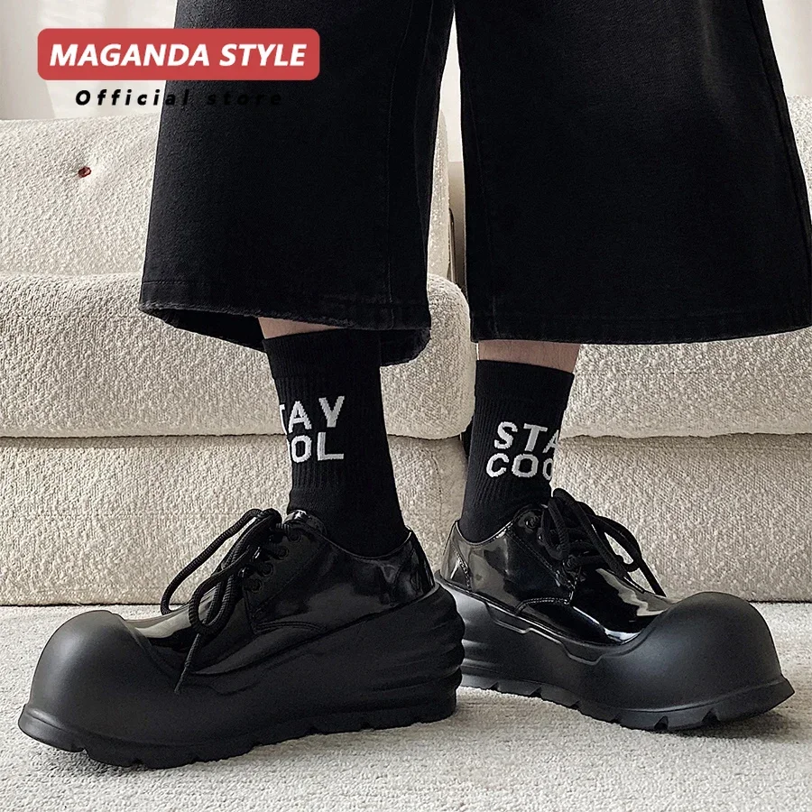 Handsome~Comfortable Dad Shoes Men Mickey Uphead Leather Shoes Thick Bottom Increased by 8CM Ugly Cute Black Warrior Bread Shoes 2