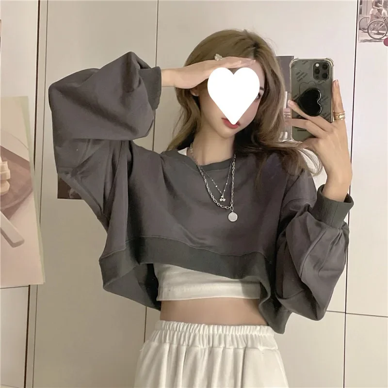 Korean Fashion Sweatshirts Women Solid Cropped Sexy Loose All-match Early Spring Casual Harajuku Tshirt Pullover Y2K