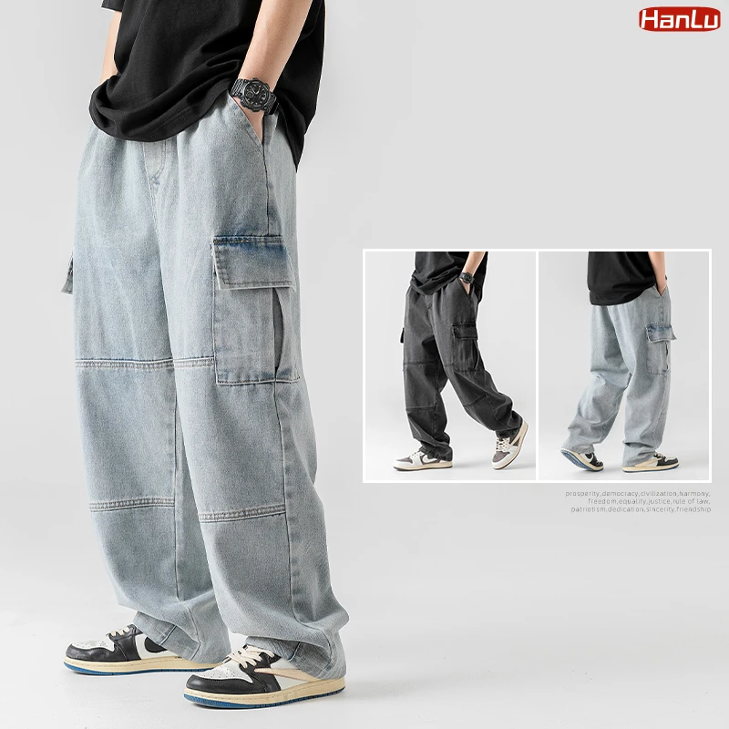 HanLu 2023 Men Jean Pants Japanese Retro Washed Straight Wide-Leg Jeans Loose Big Pocket  Hip Hop Street Denim Pants Male