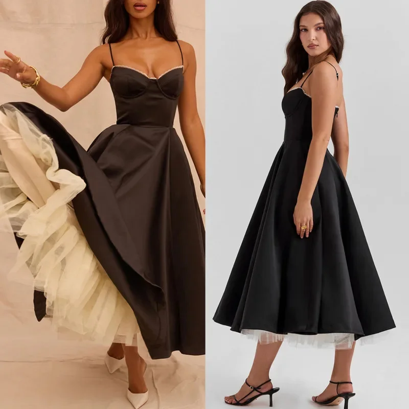 Spicy Girl Pink Women's Suspended Dress Sleeveless Backless Solid Color Slim Fit Dress Elegant High Waist Spliced Party Dresses