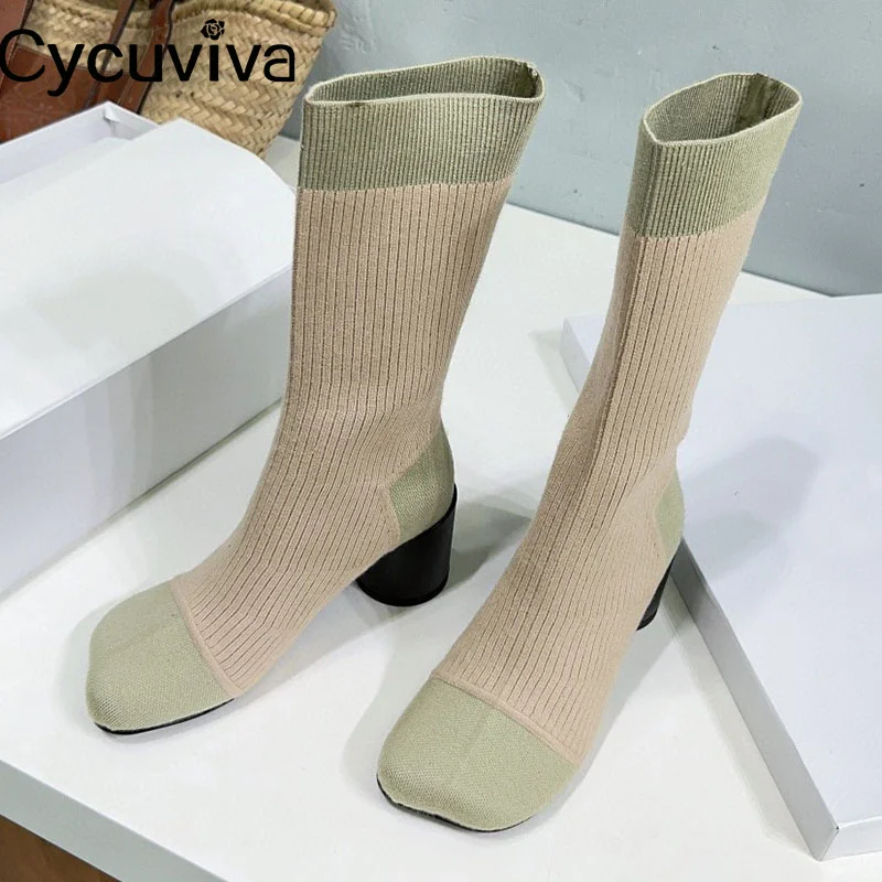 

New Elastic Knitted Knee Sock Middle Calf Boots for Women Square Chunky Heel Knight Boots Slip On Winter Sock Shoes Female
