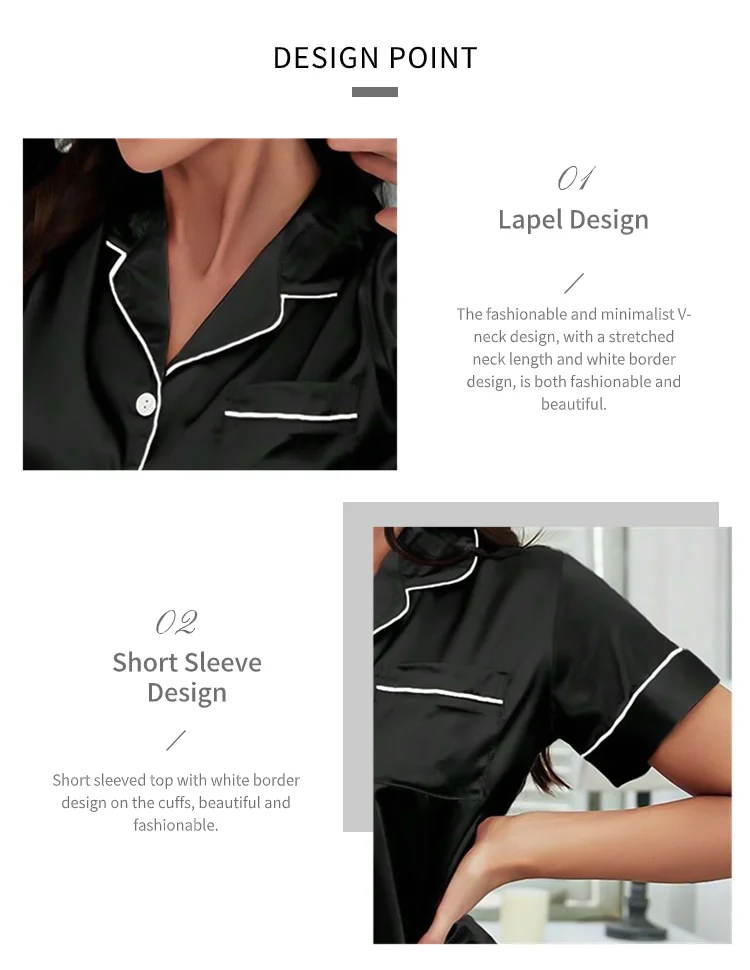 Sommer-Pyjama-Set aus Seidensatin für Damen, Oberteil und Shorts mit Knopfleiste, 2-teilig, Nachtwäsche, gekerbter Kragen, Nachtwäsche, Loungewear für Damen – Detail 36