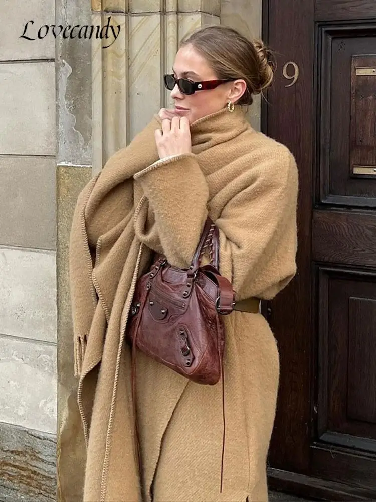 

Women Overcoat With Scarf Fashion Solid Turn-down Collar Split Long Sleeve Coats Chic Soft Cozy Highstreet Outerwear 2023 Autumn